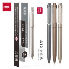 得力（deli） A12 乐素臻顺滑中性笔签字笔0.5mm子弹头按动笔水笔金属喷漆 黑色 12支/盒