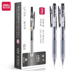 得力（deli） S18-B 控墨大师简约臻干净扩容速干按动中性笔0.5mmST头尖锥头 黑色12支/盒