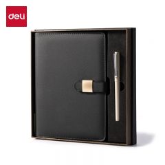 得力（deli） 22296皮面本签字笔礼盒套装 商务办公笔记本子配金属中性笔 黑色 商务必备