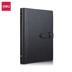 得力（deli） 经典活页皮面本笔记本子 商务办公插袋记事本日记本扣带本子250mm*175mm 16K100张 黑色 22801