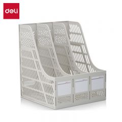 得力（deli） 9847 三联镂空桌面文件框 办公室桌面多层资料架子三栏带标签稳固文件栏/文件筐 灰色