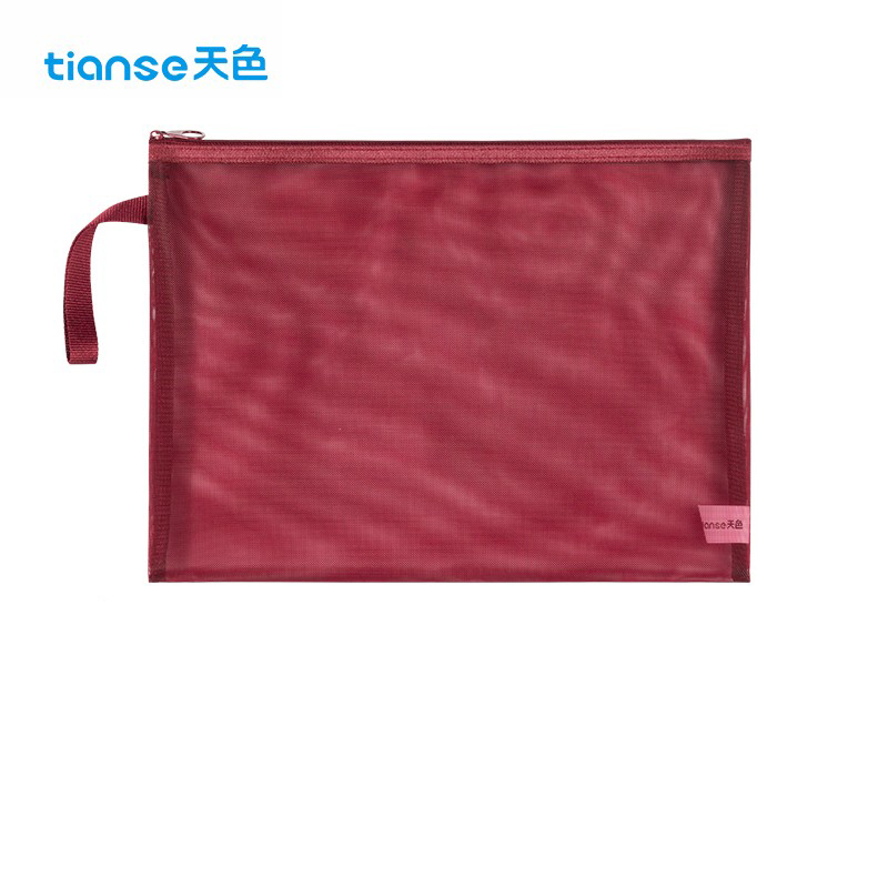 天色（TIANSE） 透明网纱文件袋复古色系资料文具大容量收纳学生拉链考试试卷收纳袋 A4-佐敦红 TS-253