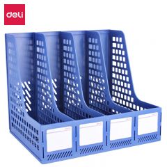 得力(deli) 4联镂空桌面文件框书立 办公室桌面四栏带标签资料文件架  书本资料收纳神器 蓝色27888