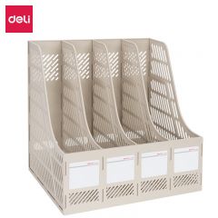 得力（deli）9848四联镂空桌面文件框 办公室桌面多层资料架子四栏带标签稳固文件栏 灰色