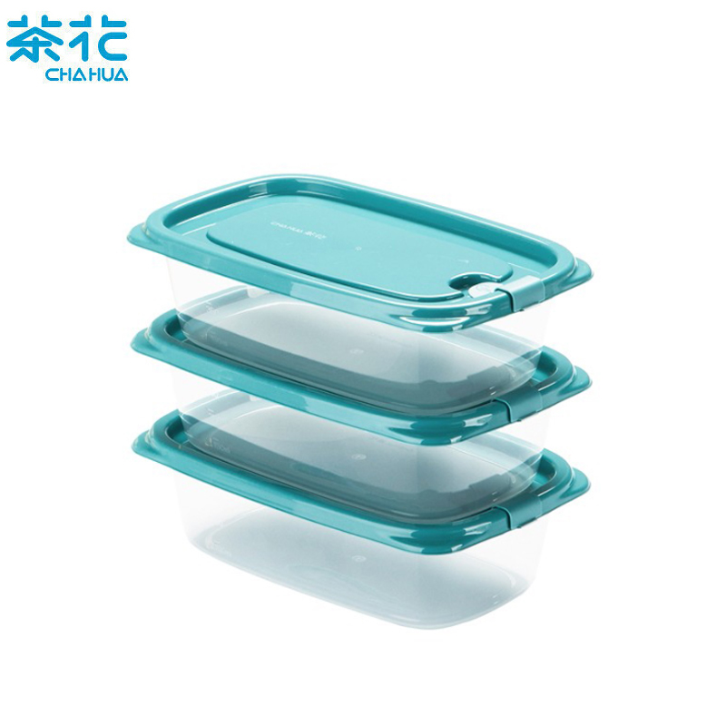茶花（CHAHUA） 塑料冰箱保鲜盒家用冷冻水果蔬菜专用收纳盒食品级冰箱收纳盒蓝色3个装-550ML长方形 000003