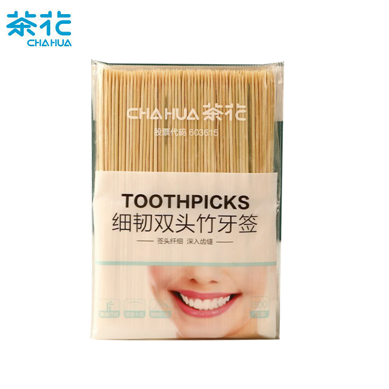 茶花（CHAHUA）一次性碳化竹牙签独立罐装家用餐厅水果签便携双头细 细韧双头竹牙签600只