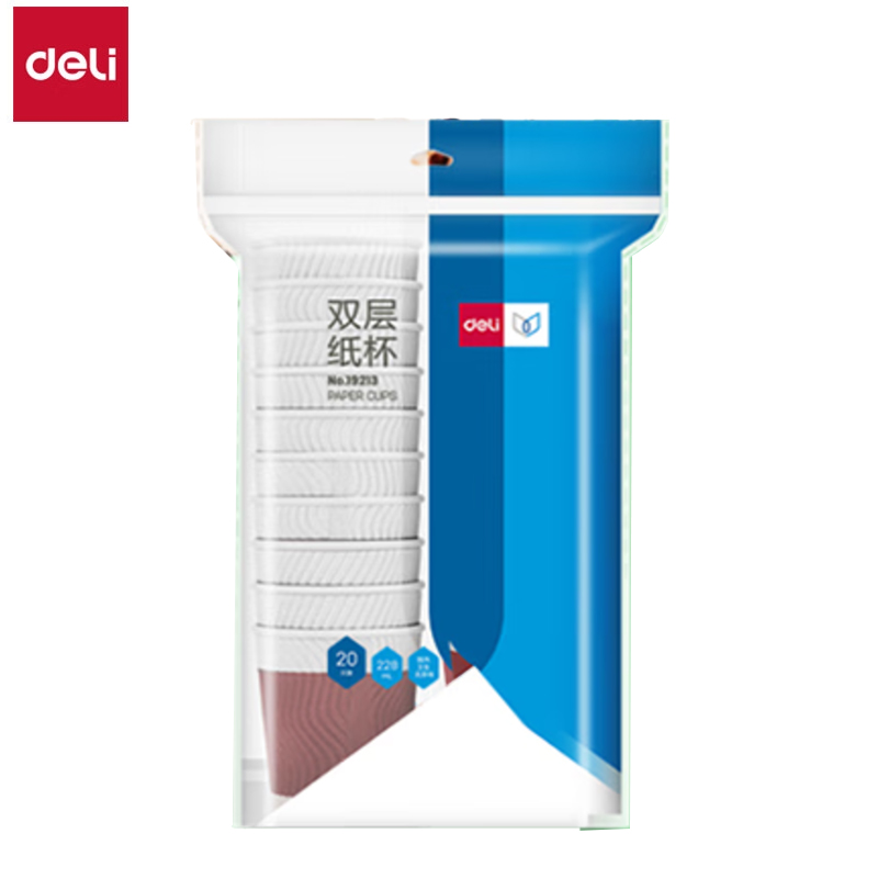 得力（deli）19213双层纸杯 木浆纸(20只/袋)228ml 红色一次性杯子 办公用品
