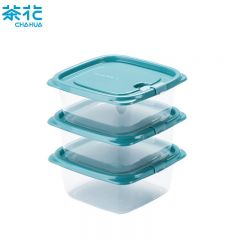 茶花（CHAHUA） 塑料冰箱保鲜盒家用冷冻水果蔬菜专用收纳盒食品级冰箱收纳盒蓝色3个装-780ML正方形 000004