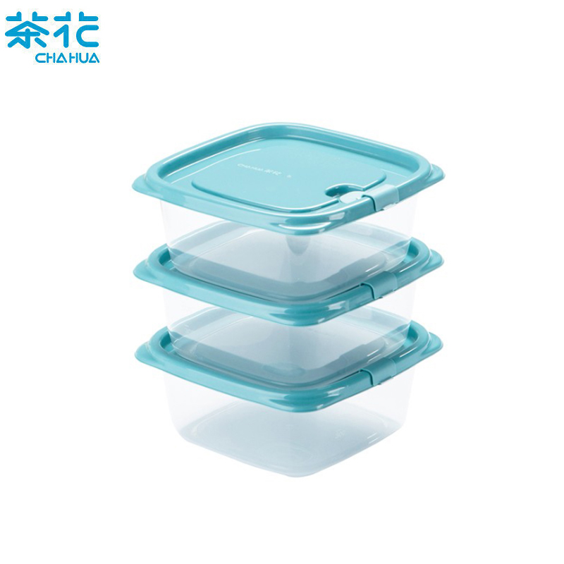 茶花（CHAHUA） 塑料冰箱保鲜盒家用冷冻水果蔬菜专用收纳盒食品级冰箱收纳盒蓝色3个装-460ML正方形 000002