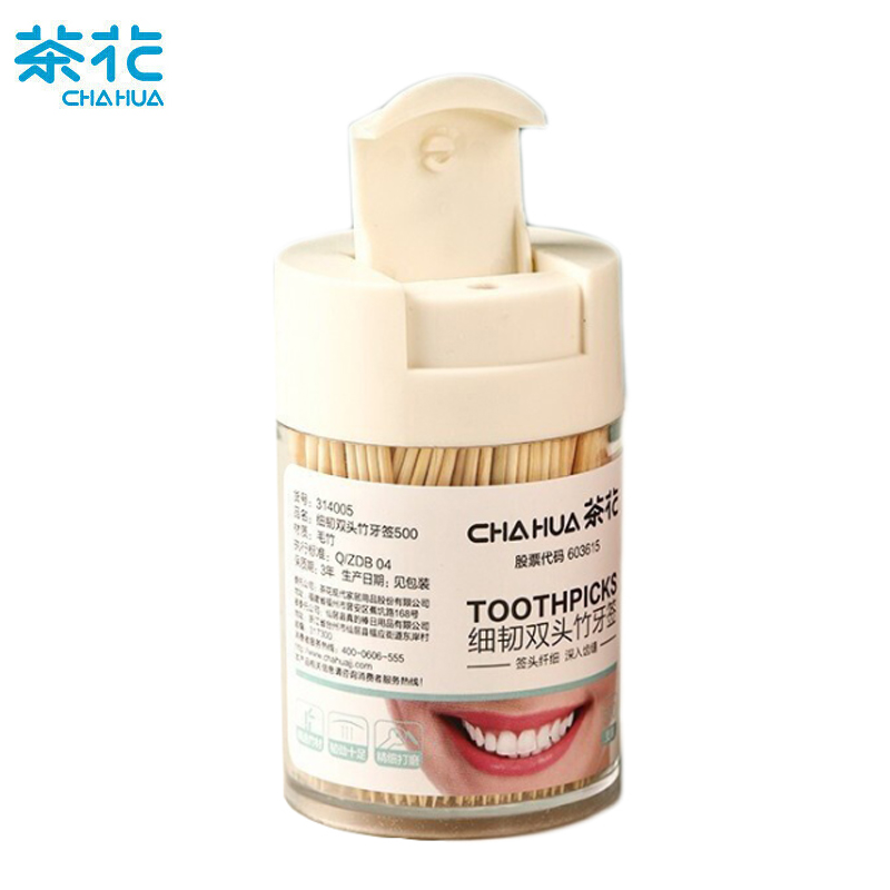 茶花（CHAHUA）一次性碳化竹牙签独立罐装家用餐厅水果签便携双头细 细韧双头竹牙签500只