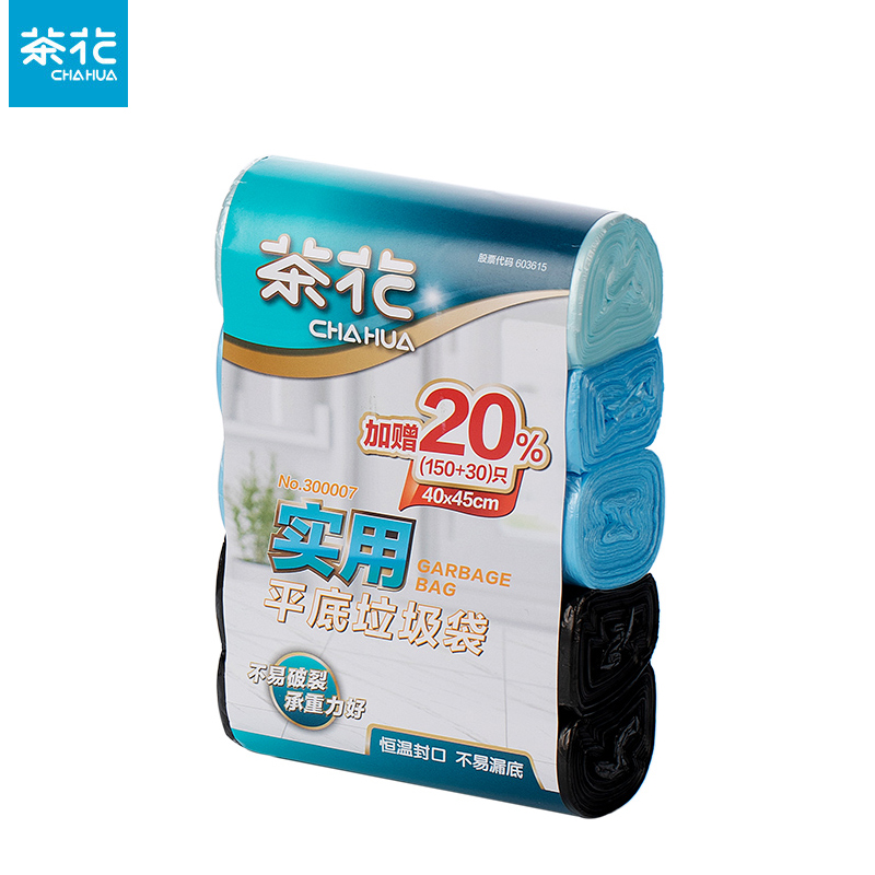 茶花（CHAHUA）300007一次性塑料平扣垃圾袋5卷装点断易撕防漏设计