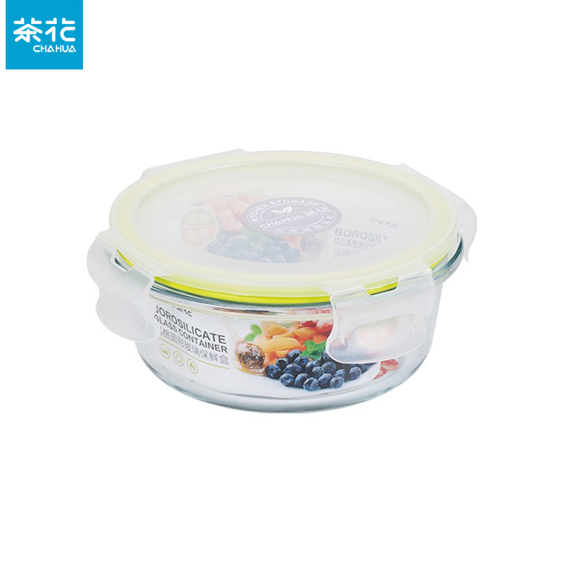 茶花（CHAHUA） 玻璃保鲜盒圆形透明密封微波加热上班族可携带饭盒绿色400ML 001001