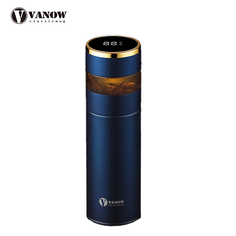 Vanow 智能纯银保温杯男女999银水杯子高档茶水分离纯银内胆便携泡茶杯 英伦蓝【999足银】VO-PN-450Y