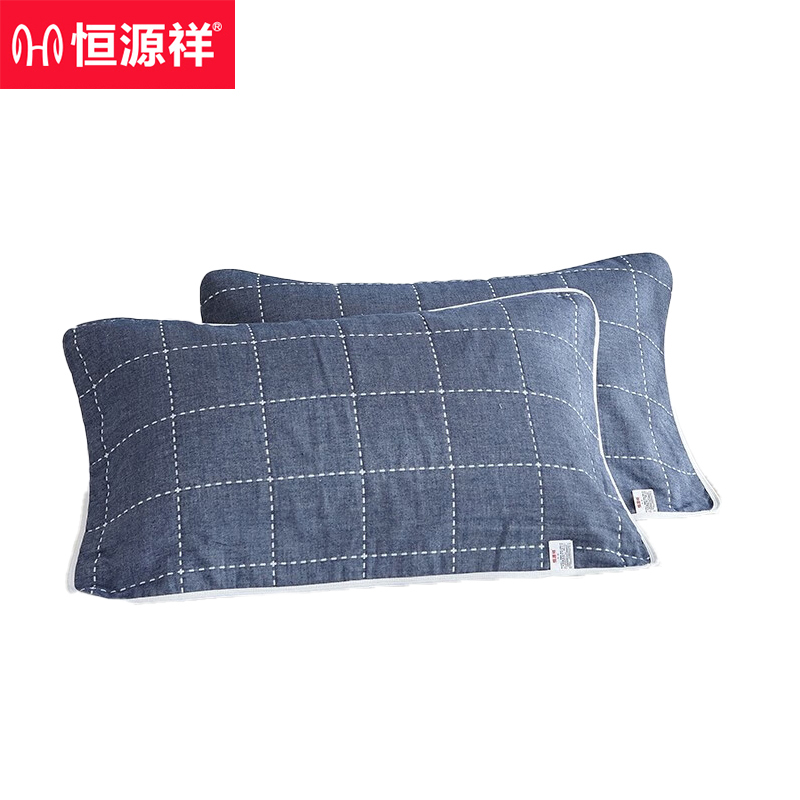 恒源祥 纯棉纱布枕巾提花家用枕头巾柔软舒适格子 蓝格子 50*80cm