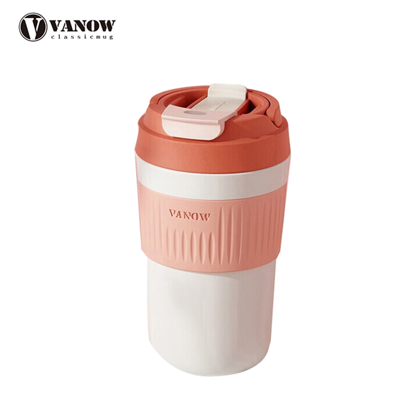 Vanow 保温杯便携咖啡杯高颜值吸管水杯316不锈钢杯子 VO-RZ45焦糖粉450ml