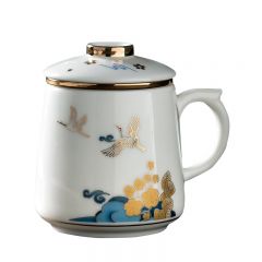 金镶玉 茶杯套装 中国白·羊脂玉瓷马克杯中国风国潮茶水分离杯泡茶杯450ml送礼礼盒装 花间云鹤羊脂玉瓷马克杯