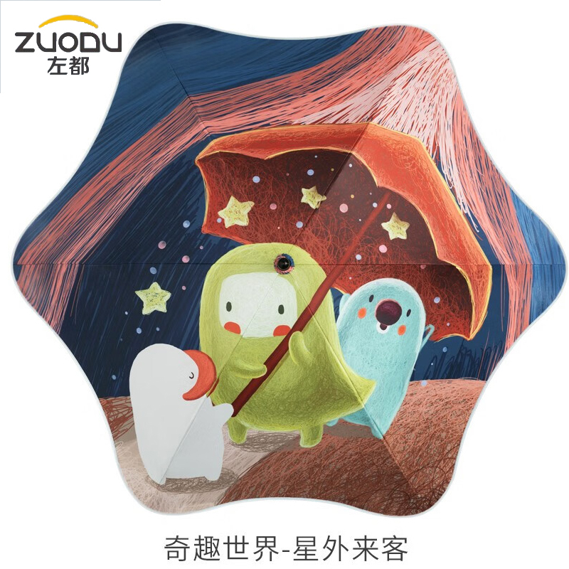 左都（ZUODU） 儿童雨伞女孩幼儿园小童长柄伞儿童安全雨伞男孩营中童小学生圆角伞遮阳伞黑胶防晒伞太阳伞 奇趣世界-星外来客