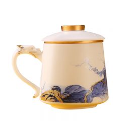 金镶玉 【国潮来袭】 羊脂玉瓷茶杯 手绘描金中国白·白瓷家用陶瓷带过滤马克杯办公杯功夫茶具送礼礼盒装 流金岁月石瓢杯400ml