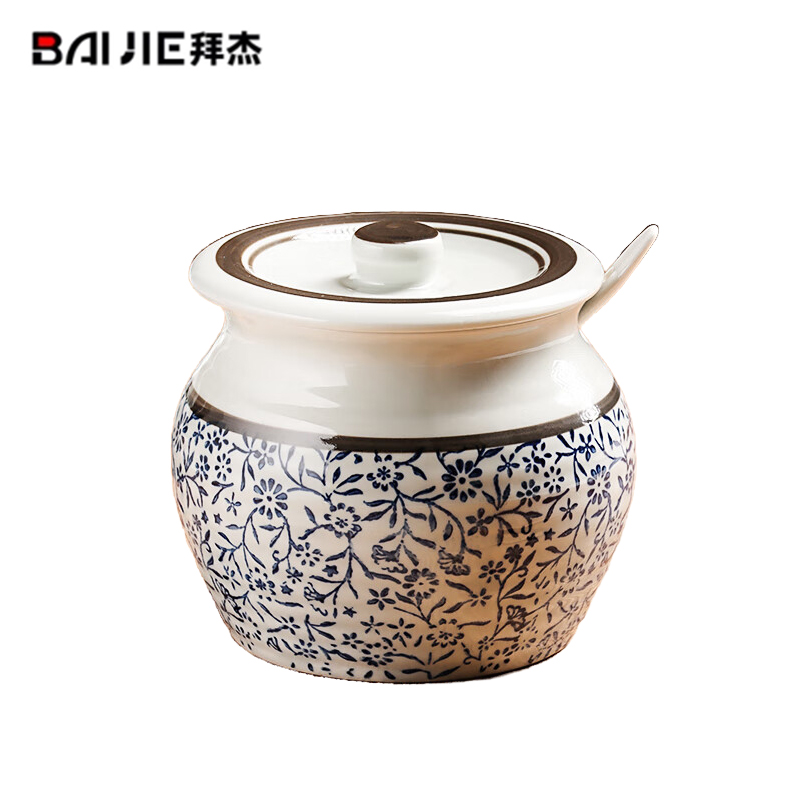 拜杰（Baijie） XG-109猪油罐陶瓷大容量600ml耐高温调味罐陶瓷猪油缸厨房调料罐调料盒辣椒罐炖盅中式猪油盅+勺子