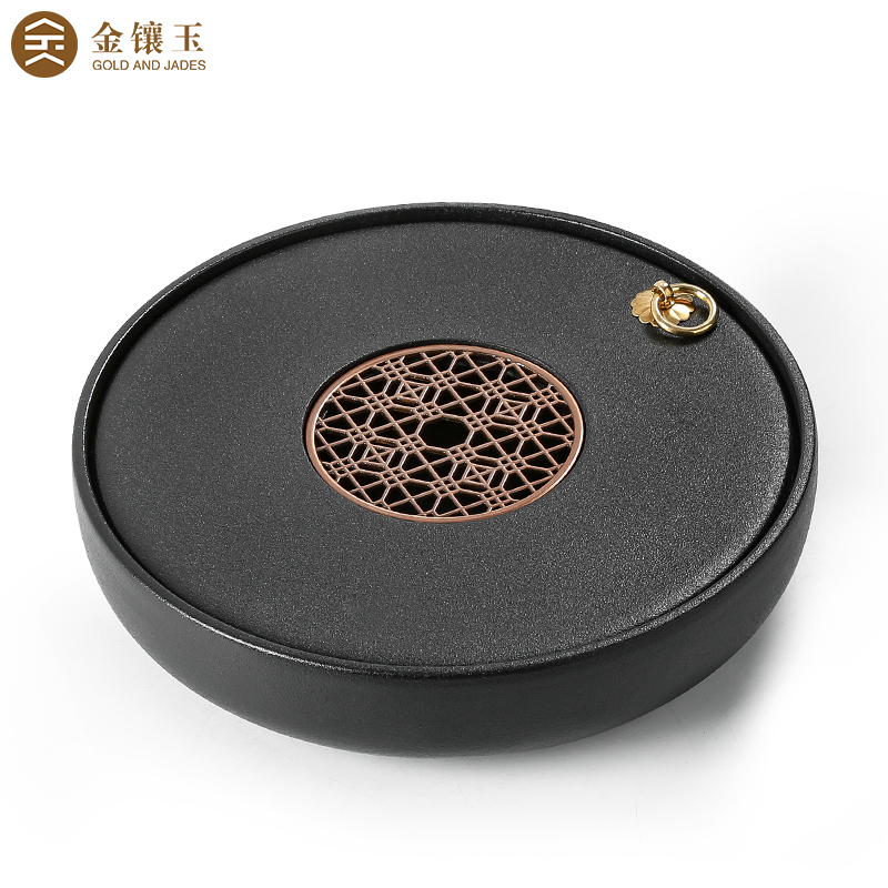 金镶玉 茶盘圆形储水家用功夫茶具干泡茶道托盘 陶瓷双圆茶盘25*5cm