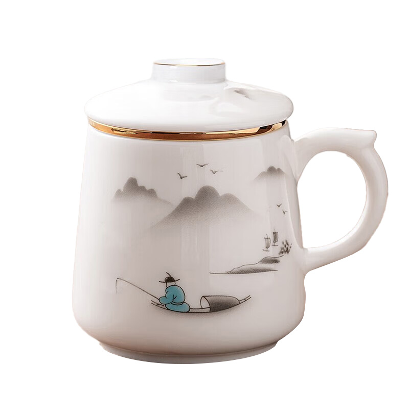 金镶玉茶杯三件套 羊脂玉瓷家用陶瓷白瓷茶水分离马克杯功夫茶具礼盒装 称心如意羊脂玉瓷马克杯