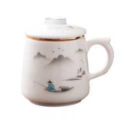 金镶玉茶杯三件套 羊脂玉瓷家用陶瓷白瓷茶水分离马克杯功夫茶具礼盒装 称心如意羊脂玉瓷马克杯