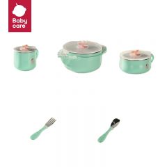 babycare RWV007-05A【质量】儿童餐具套装保温碗婴儿碗耐热保温不锈钢吸盘碗婴儿餐具雀湖绿【五件套】