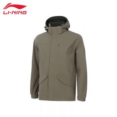 李宁（LI-NING） 防风防泼水男款开衫连帽运动风衣AFDT751-10菌菇褐XL码