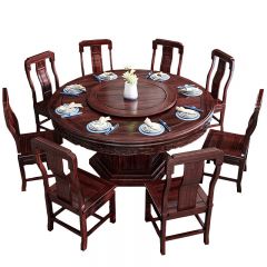 兮家 S808#全实木餐桌椅组合新中式圆桌家用饭桌1.6米餐桌配6椅+转盘 1600*1600*760