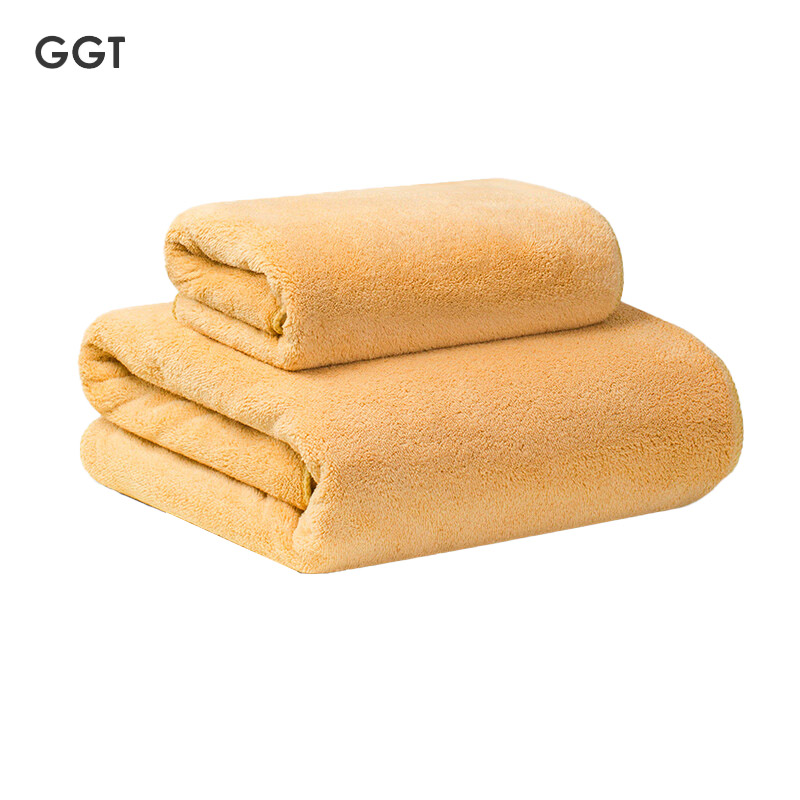 GGT 雪花绒浴巾两件套男女家用高档裹巾吸水速干不掉毛毛巾山吹色