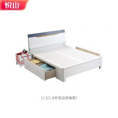 悦山 现代简约白色压纹木床撞色卧室床 不含床垫床头柜 双抽高箱 1500*2000*1060mm