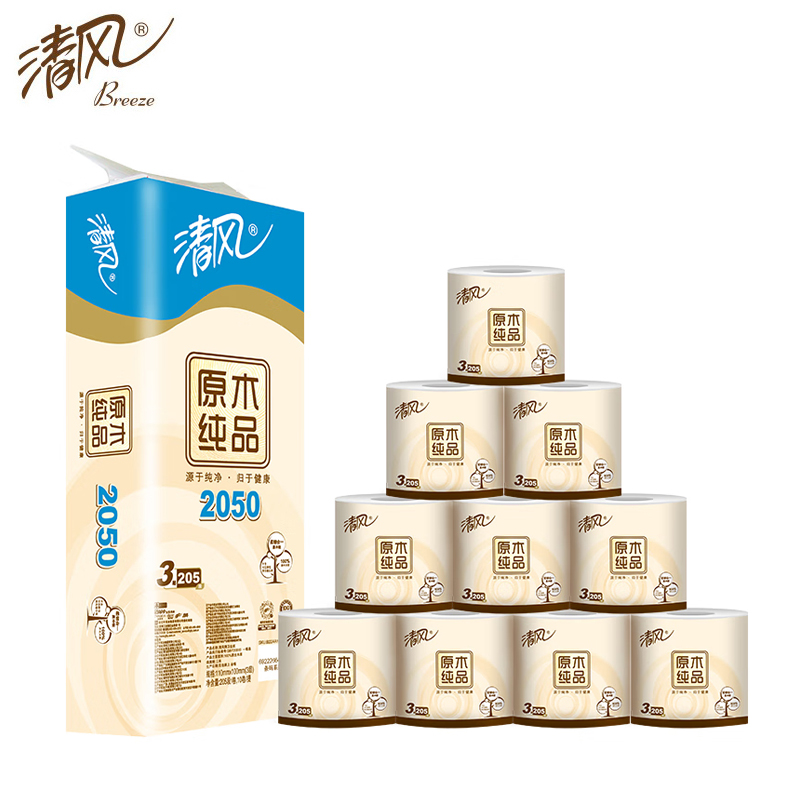 清风  原木纯品卷筒卫生纸 3层平纹205段10卷10提
